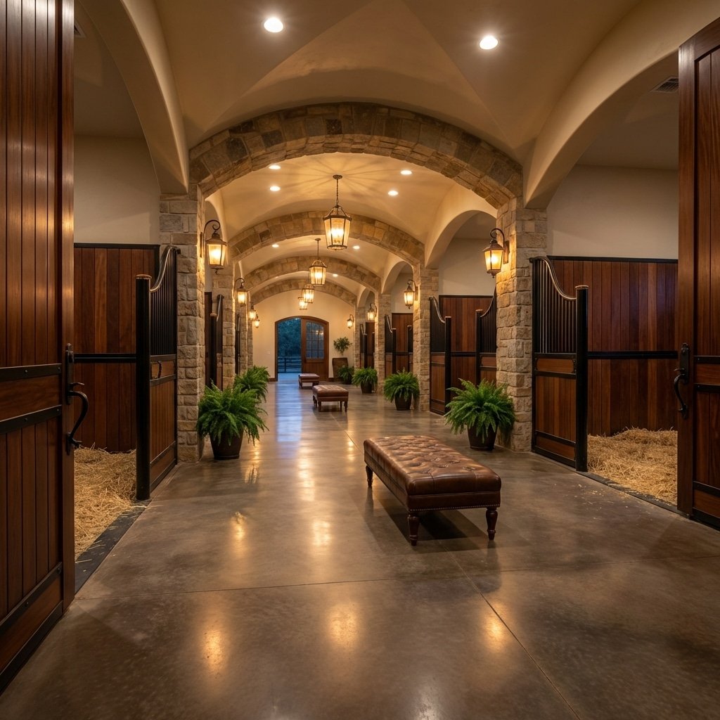 hyperrealistic product photography of a spacious luxury horse stable interior aisle, 5-star resort ambiance, polished floors, arched aesthetics, soft warm lighting, horse stalls on both sides, clean and elegant, no signage, no text, no letters, --ar 16:9 --style raw --v 6.0