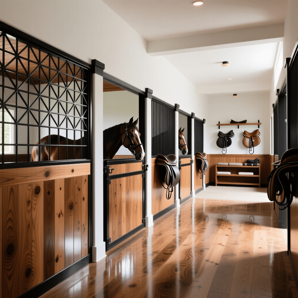 A modern horse stable hallway featuring wooden stalls with black metal grilles, saddles hanging on the walls, and polished hardwood floors, showcasing high-quality stable equipment.