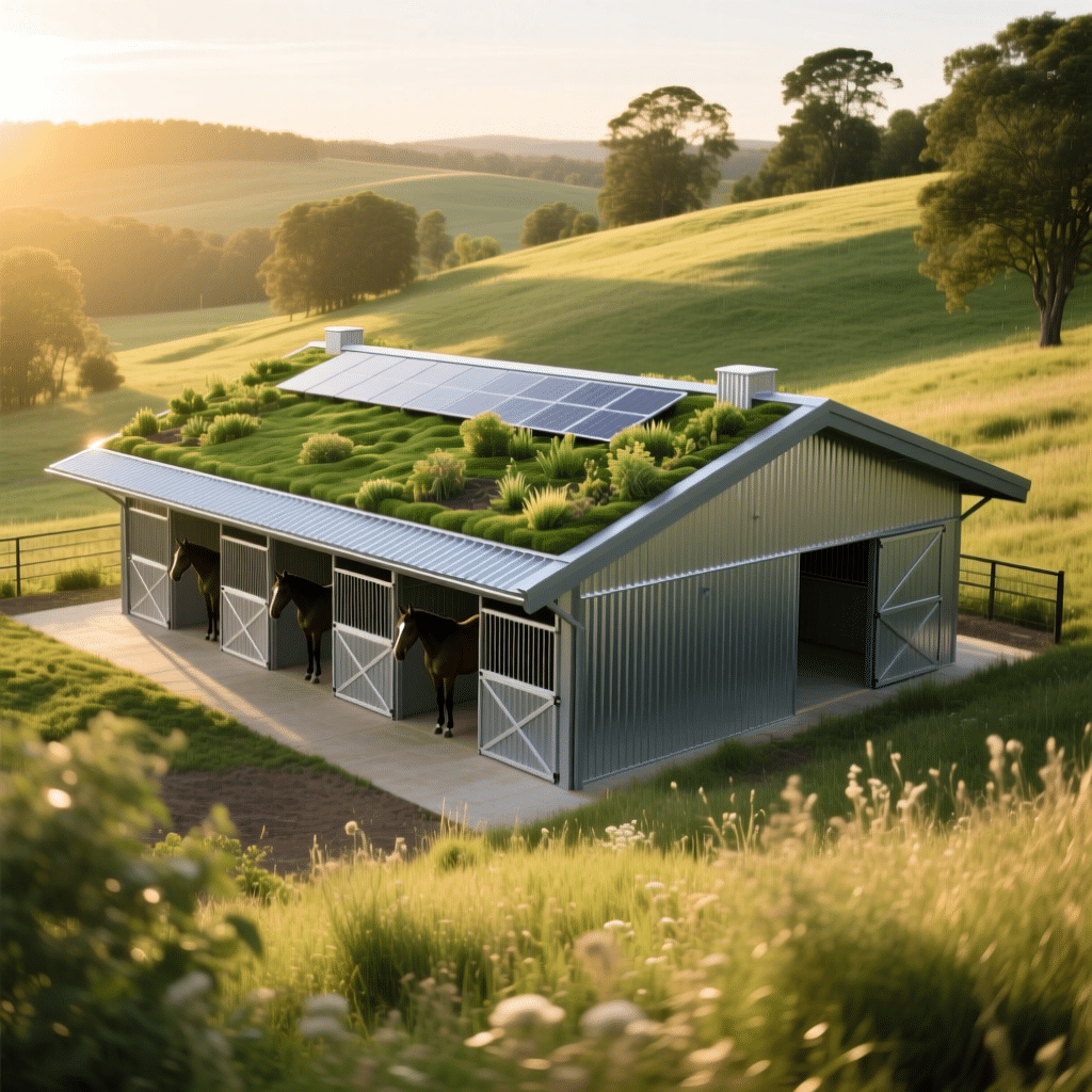 A modern horse stable with a green roof featuring solar panels, set in a serene countryside landscape. The stable has multiple stalls with horses visible, showcasing eco-friendly design and sustainable architecture.