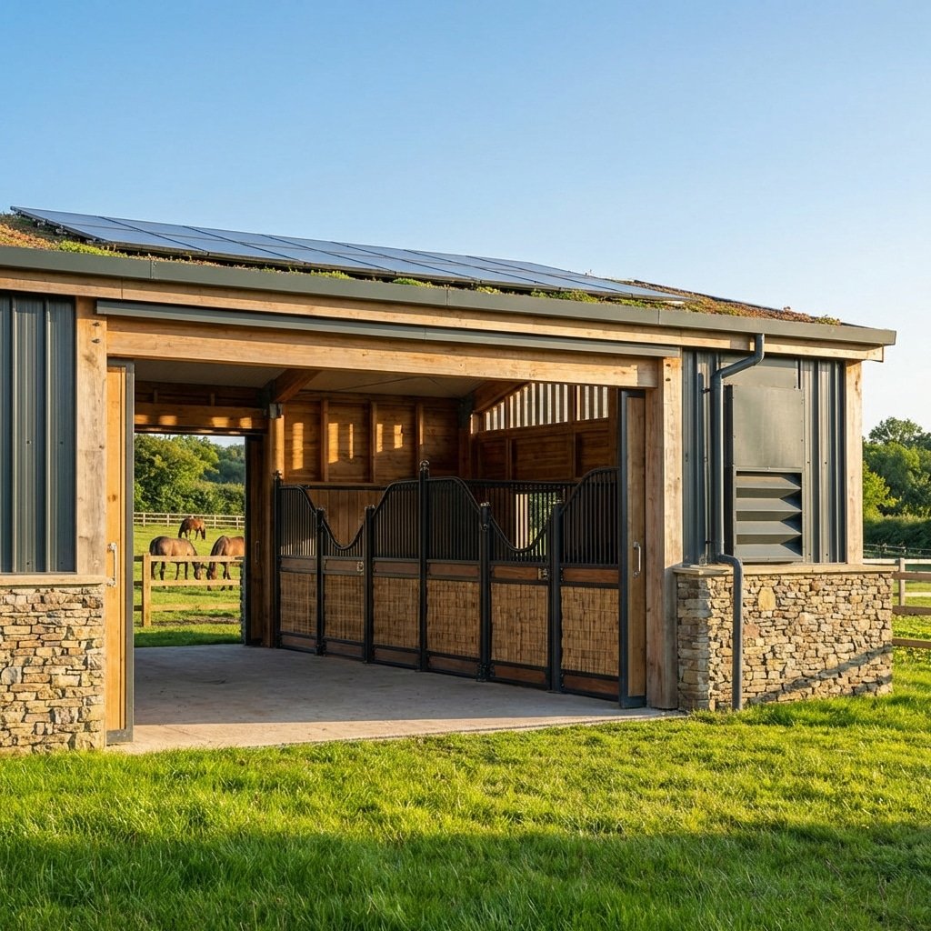 A modern horse stable with a green roof featuring solar panels, wooden stalls with black metal gates, and a view of horses grazing in the background under a clear blue sky.