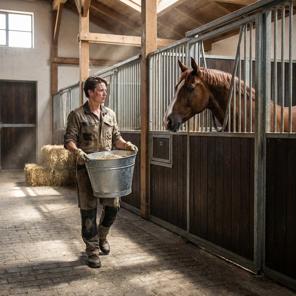 Stable worker carrying a galvanized feed bucket down a stable corridor while a chestnut horse looks out from its stall