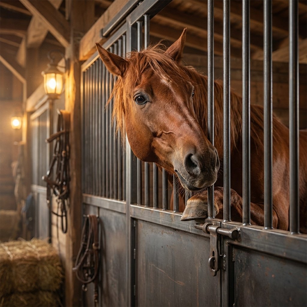 hyperrealistic product photography of a horse showing anxiety leaning over a sturdy Q235B structural steel horse stall door, focus on the interaction between horse and stable bars, warm stable interior lighting, shallow depth of field, professional horse stable environment, no text, no letters, no signage --ar 16:9 --stylize 250 --v 6.0
