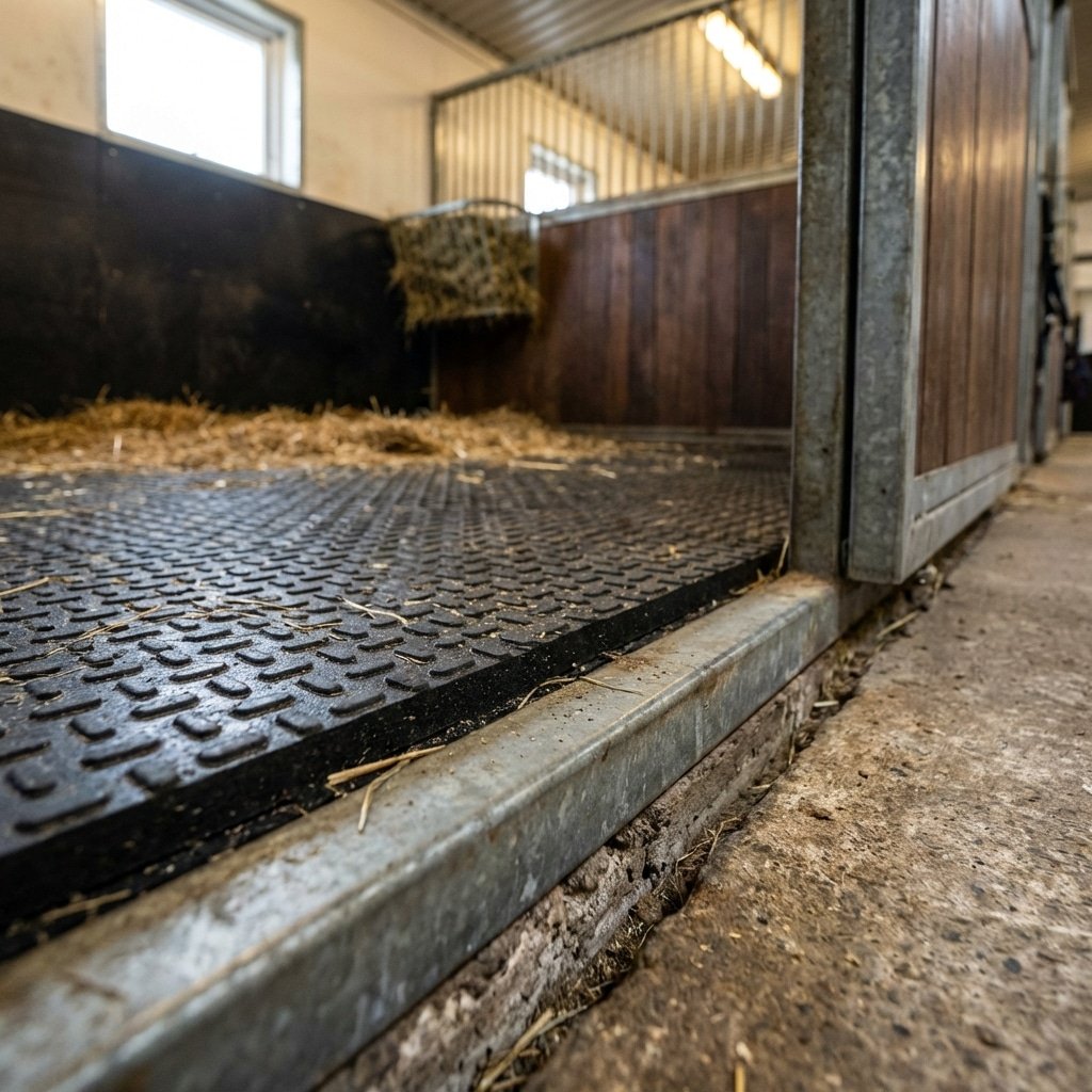 Hyperrealistic close-up product shot of 17mm thick black rubber flooring inside a heavy-duty horse stall, steel frame bordering the mat, concrete foundation underneath visible at the gap, detailed texture of rubber surface with drainage pattern, professional equestrian facility lighting, shallow depth of field focusing on the mat edge, 8k resolution, highly detailed, no text, no signage, no letters --ar 16:9