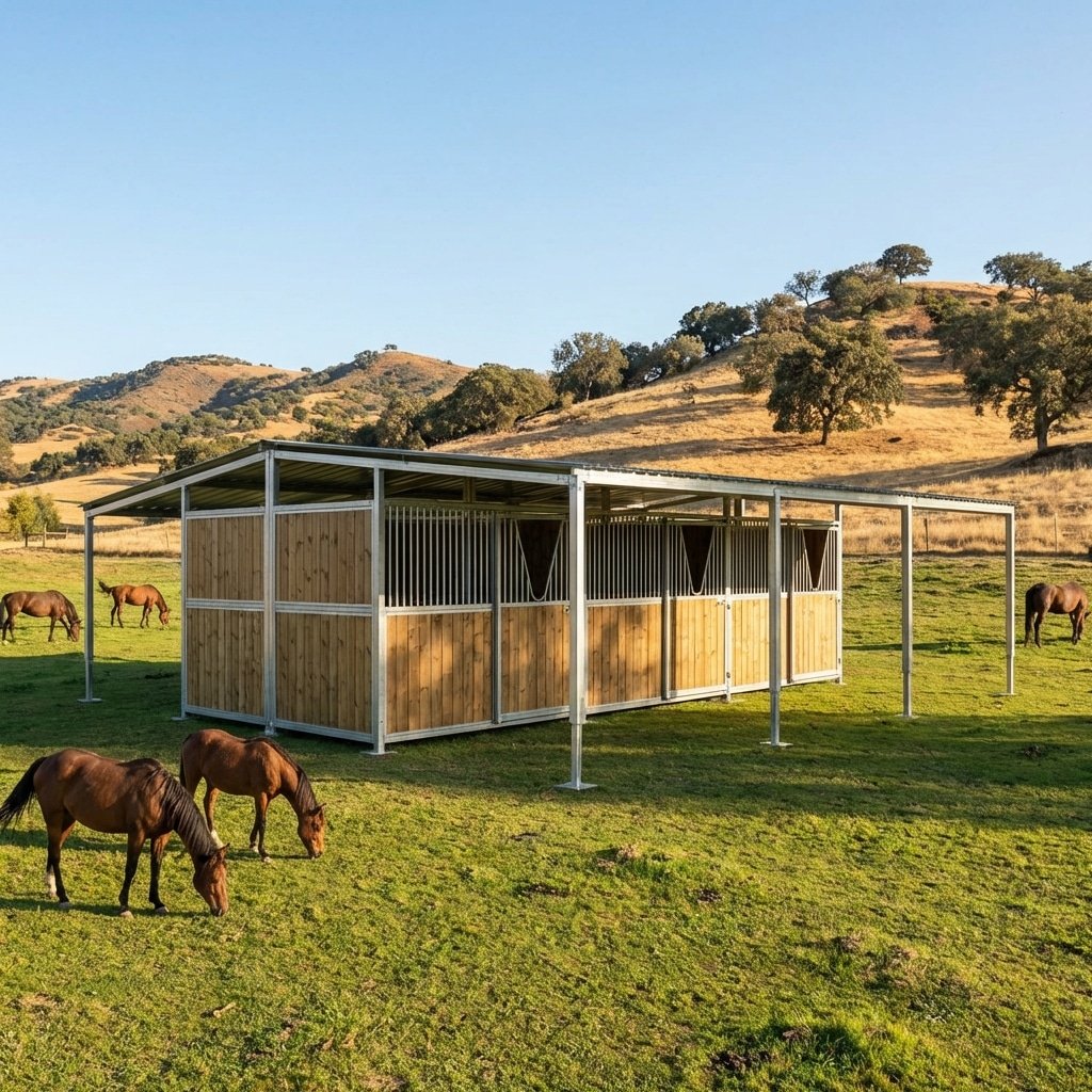 Modern horse stalls with a grazing paddock behind UV-resistant PVC horse fencing