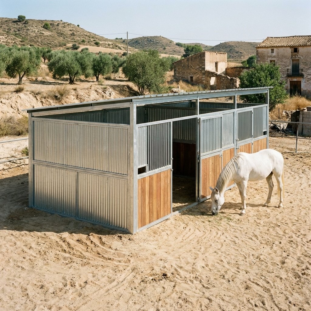 hyperrealistic product photography of a free-standing modular horse stable kit installed directly on sand ground without concrete foundation, full exterior view, galvanized steel frame shining in the sun, a white horse grazing nearby, Spanish rural background, zero foundation deployment, robust construction, 16:9 aspect ratio, wide angle lens --ar 16:9 --stylize 250 --no text
