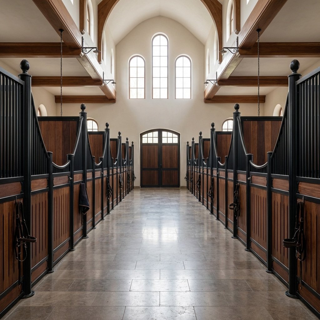A spacious and elegant horse stable interior featuring rows of wooden stalls with black metal frames, arched windows, and a polished tile floor leading to a central double door.