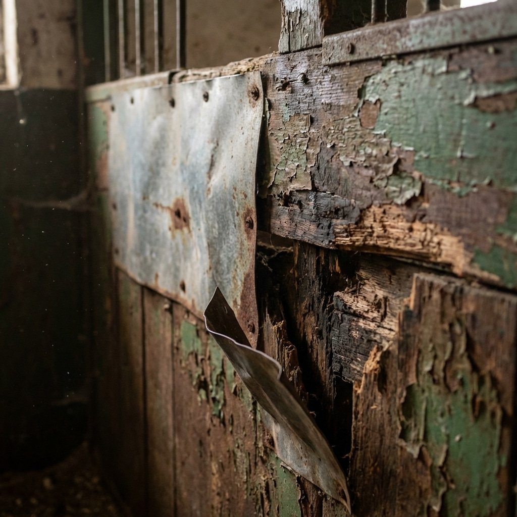 Hyperrealistic product photography of an old damaged horse stall wall, thin rusted metal sheet screwed over rotting wood timber, visible decay and peeling paint, dim stable lighting, highlighting the failure of chew guards, horse stable environment, 16:9 aspect ratio, no text, no letters --ar 16:9 --no text
