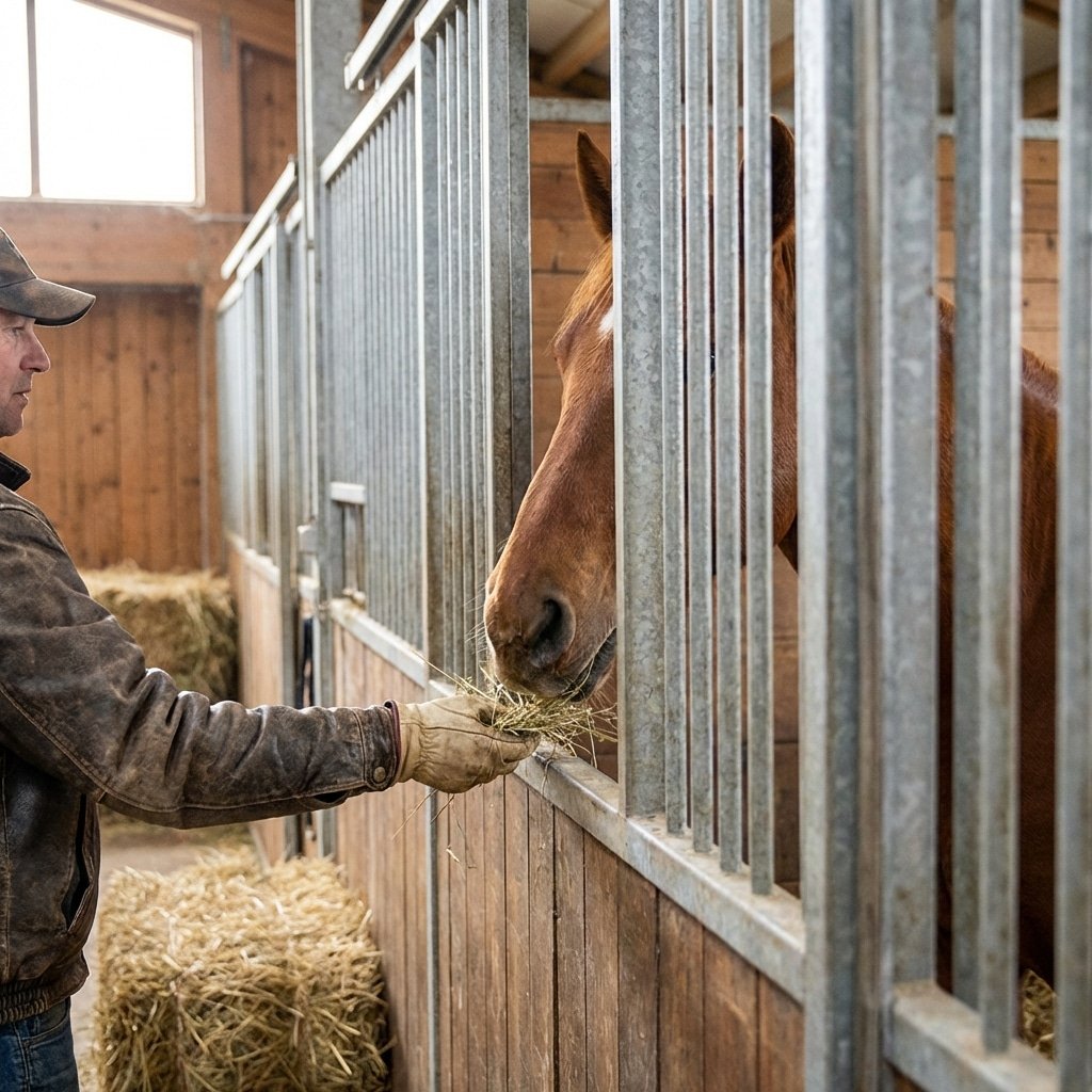 hyperrealistic product photography showing a handler standing in the safe aisle of a horse stable, feeding a horse through a stall front opening without entering the stall, horse head visible behind galvanized steel bars, focus on the barrier between human and horse, professional horse stalls environment, natural lighting, no text, no signage, no letters, --ar 16:9 --style raw --v 6.0