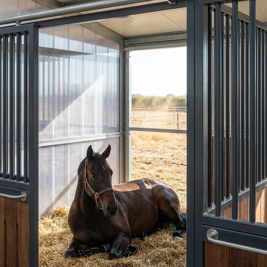 A brown horse rests comfortably on hay inside a modern horse stall with galvanized steel bars and translucent panels, offering a view of the outdoor paddock.