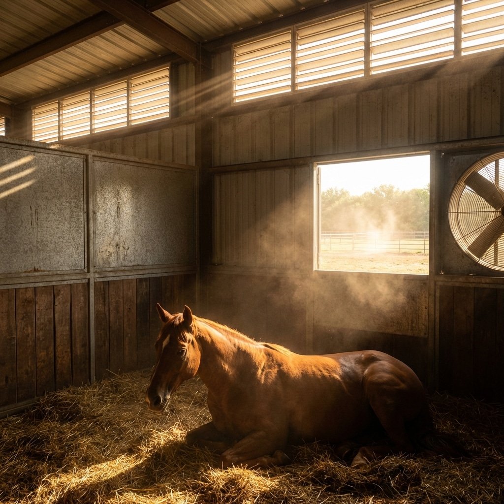 hyperrealistic product photography of a horse stall interior during intense summer heat, sunlight streaming through ventilated upper panels, a chestnut horse resting comfortably in the shade, galvanized steel structure, air flow visualization through subtle dust movement, warm ambient temperature outside versus cool shaded interior, 16:9 aspect ratio, cinematic lighting --ar 16:9 --stylize 250 --no text