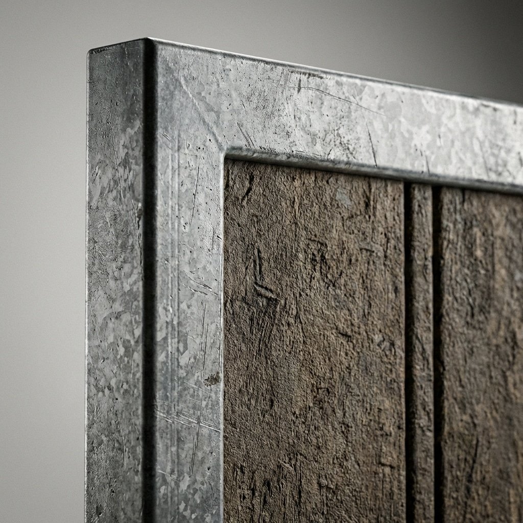 特写超写实产品摄影,重型马厩隔间面板细节,厚实的 Q235B 镀锌钢框架,实心填充材料,工业工作室灯光突出金属纹理和厚度,展现坚固质感,16:9 比例,无文字,无 logo --ar 16:9 --style raw --v 6.0