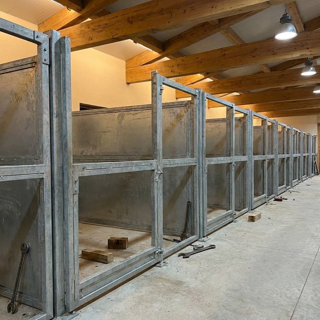 Hyperrealistic product photography of heavy steel horse stall panels being installed in a row within a large equestrian stable, thick galvanized steel frames, sense of weight and durability, warm ambient lighting, wooden ceiling beams above, no people, no text, 16:9 aspect ratio --ar 16:9 --style raw --v 6.0