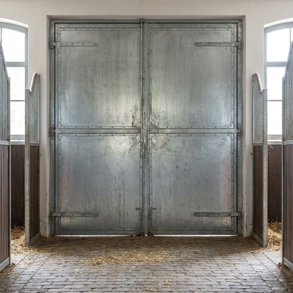 hyperrealistic product photography of a tall 2.4m horse stall front door, heavy-duty steel frame, viewed from the aisle of a German horse stable, symmetrical composition, premium galvanized finish, natural daylight, 16:9 aspect ratio, no text, no signage, no letters --ar 16:9 --style raw --v 6.0