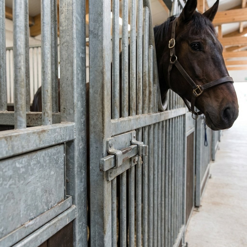 hyperrealistic product photography close-up detail of heavy-duty horse stalls, focusing on the galvanized steel bars and robust latch mechanisms, institutional grade construction, a police horse head visible over the door, sharp focus on metal texture, professional lighting, no text, no signage, no letters --ar 16:9 --v 6.0