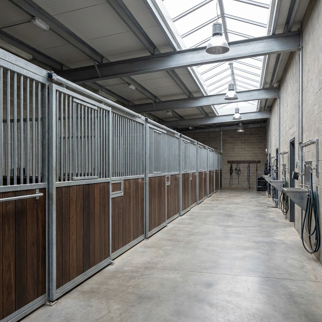 hyperrealistic product photography of an institutional mounted police stable facility interior, rows of robust horse stalls made of high strength steel, clean concrete floors, professional equestrian infrastructure, bright natural lighting, 16:9 aspect ratio, no text, no letters, horse stable architecture, durable construction --ar 16:9 --v 6.0 --style raw --no text