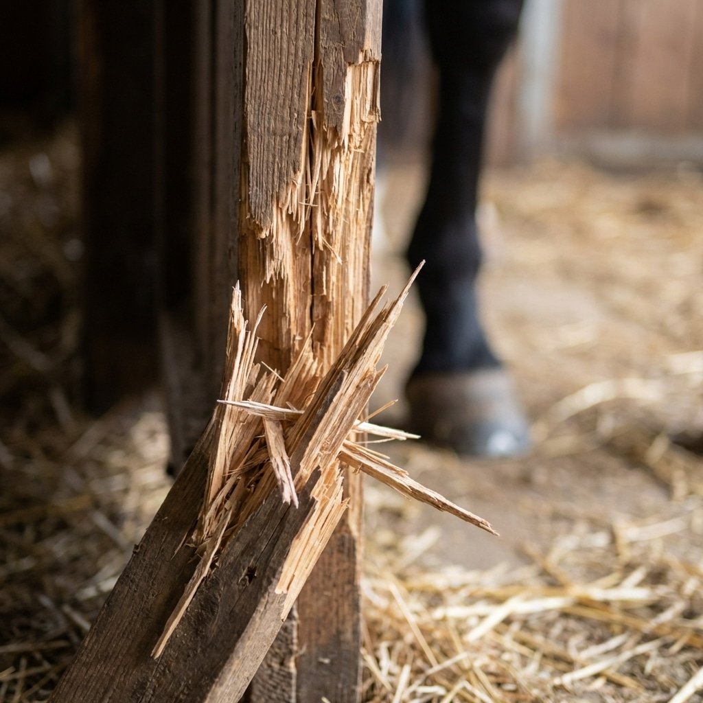 Hyperrealistic product photography close-up macro shot of a shattered pine board on a horse stall gate, sharp jagged splinters exposed, horse leg blurred in the background nearby, danger context, stable environment, realistic lighting, 16:9 aspect ratio, no text, no English characters visible --ar 16:9 --style raw --v 6.0