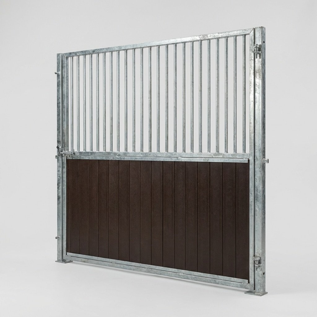 超写实产品摄影,马厩隔间系统特写,四英尺固体高密度聚乙烯面板底部,三英尺垂直钢格栅顶部,结构钢框架,热浸镀锌表面,干净背景 --ar 16:9