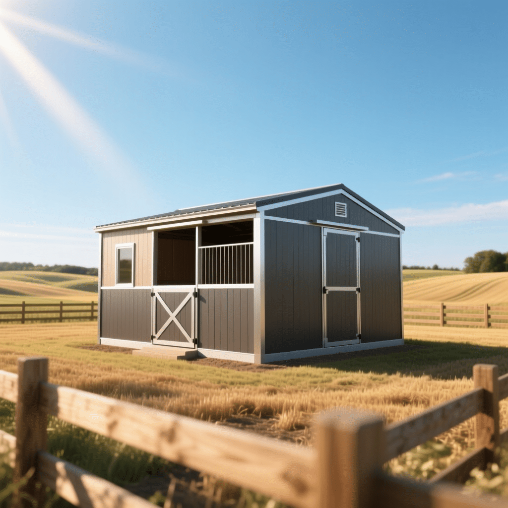 A modern horse stable shed with open stalls and a closed side door, situated in a sunny field with wooden fencing, showcasing durable galvanized steel or powder-coated construction.