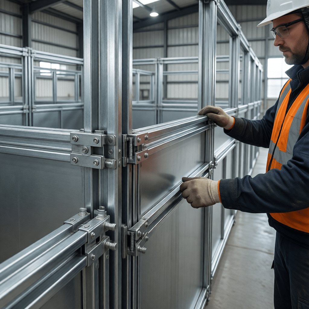 Hyperrealistic product photography of modular horse stall panels being assembled like precision building blocks, galvanized steel frames interlocking seamlessly, a worker wearing safety gear guiding a panel into place, bright industrial barn setting, focus on the standardized connection joints, clean lines, high detail on metal texture, modular construction concept, 16:9 aspect ratio, no signage, no text --ar 16:9