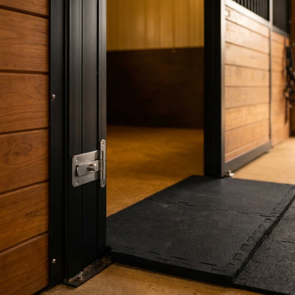 Hyperrealistic product photography of a safe horse stall entrance doorway, flush-mount stainless steel hardware on black door frame, smooth surfaces with no protruding lips, rubber mats leading into the stall, warm ambient stable lighting, focus on safety design, 16:9 aspect ratio, no text, no signage --ar 16:9