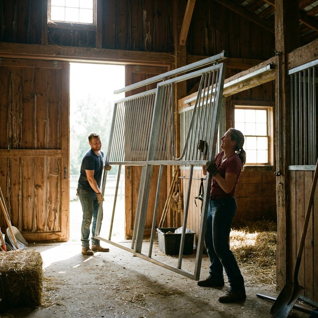 Two individuals installing galvanized steel stable panels inside a rustic barn, surrounded by hay and tools.