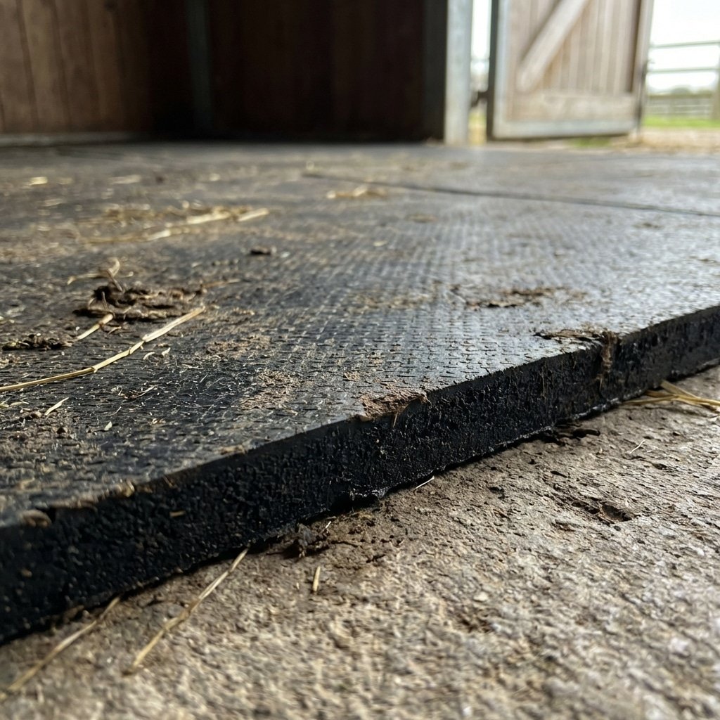 A close-up view of a textured black rubber stall mat placed on a concrete floor, showcasing its durability and grip, ideal for horse stable environments.