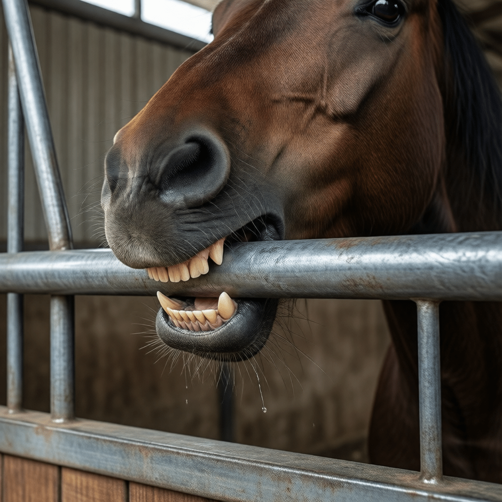 Hyperrealistic product photography close-up view of a horse biting a galvanized steel bar on a horse stall, showing the thickness and strength of the metal grill, safe design for cribbers, detailed zinc texture, stable background, no text no signage no letters --ar 16:9 --style raw --v 6.0