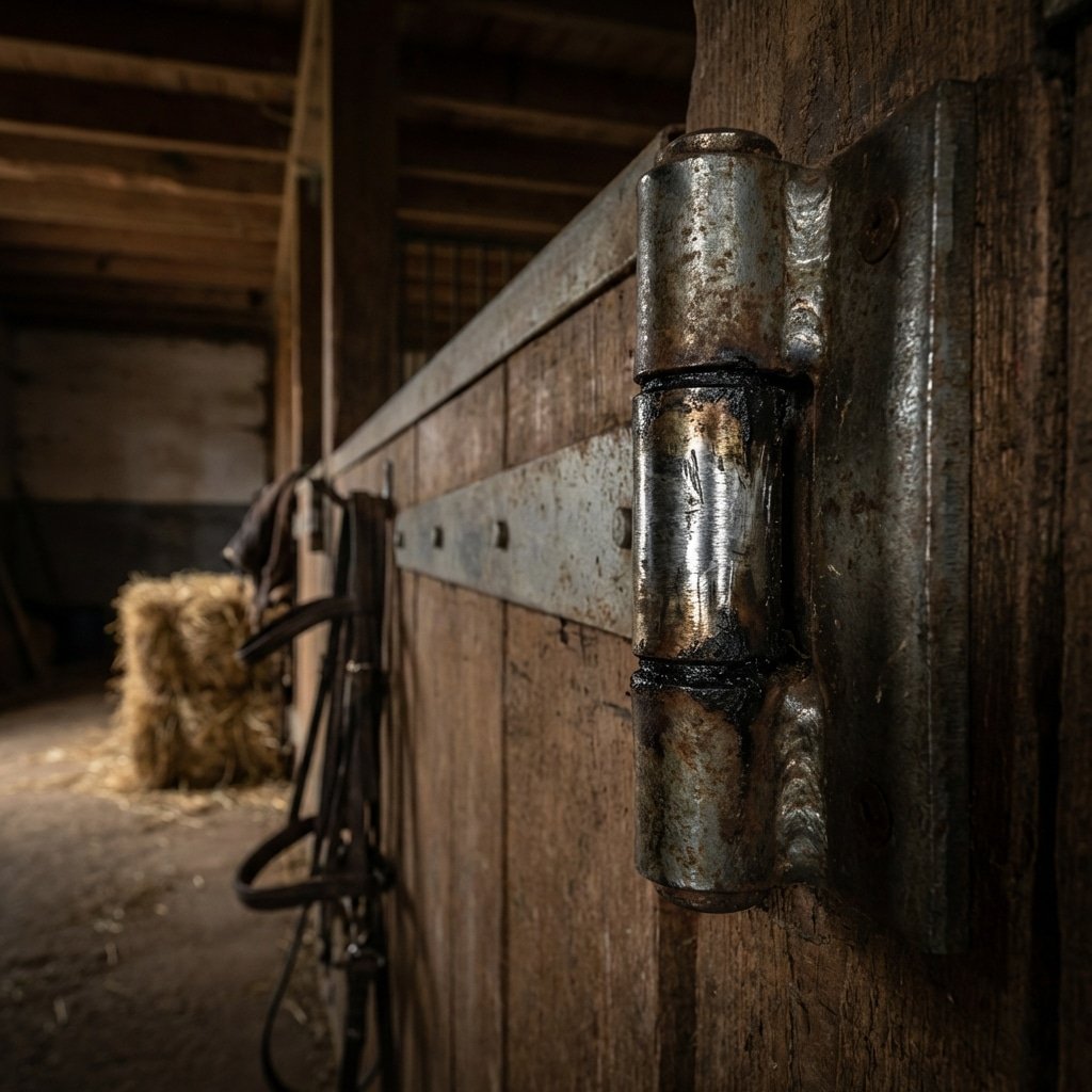 hyperrealistic product photography, close-up view of welded steel hinges on a horse stable door, steel on steel contact point showing friction, interior of a horse stall visible in background, dramatic lighting highlighting metal texture, horse stable context, 16:9 aspect ratio, no text, no letters --ar 16:9