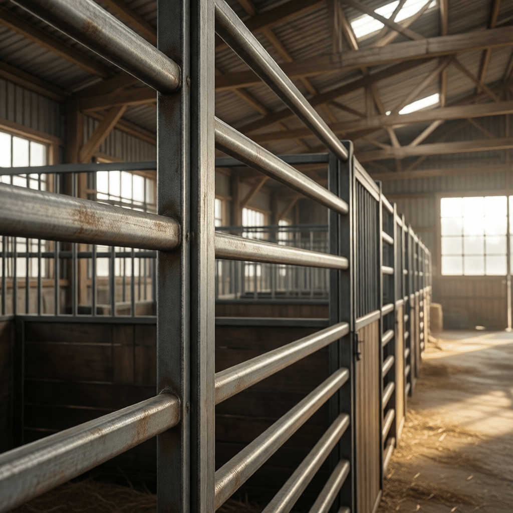 hyperrealistic product photography focusing on the structural details of horse stalls, close-up of 50mm grill spacing metal bars, Q235B structural steel texture, inside a large barn, soft natural light filtering through windows, emphasizing safety and durability, no text, no letters, no signage --ar 16:9 --stylize 250 --v 6.0