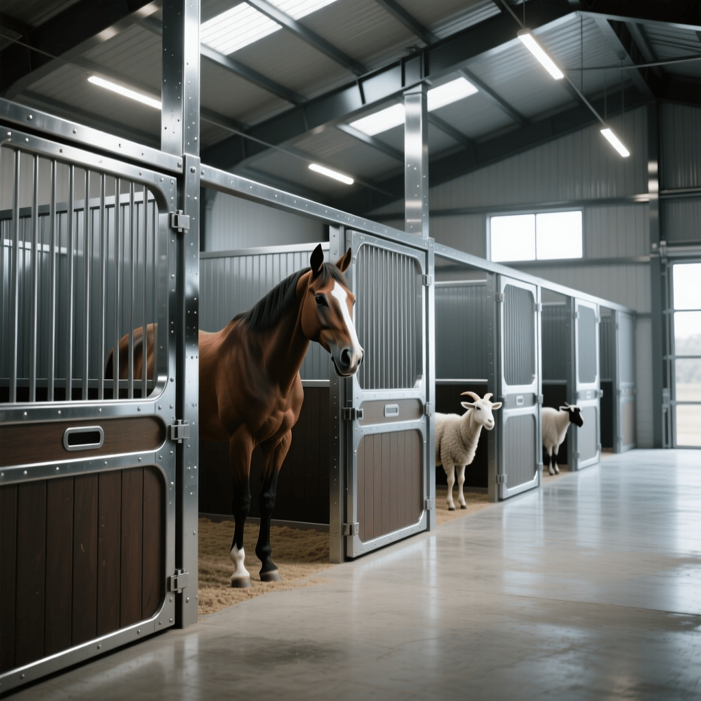 A well-lit stable with modern horse stalls featuring galvanized steel and powder-coated panels, housing a brown horse and two sheep in a clean, organized environment.