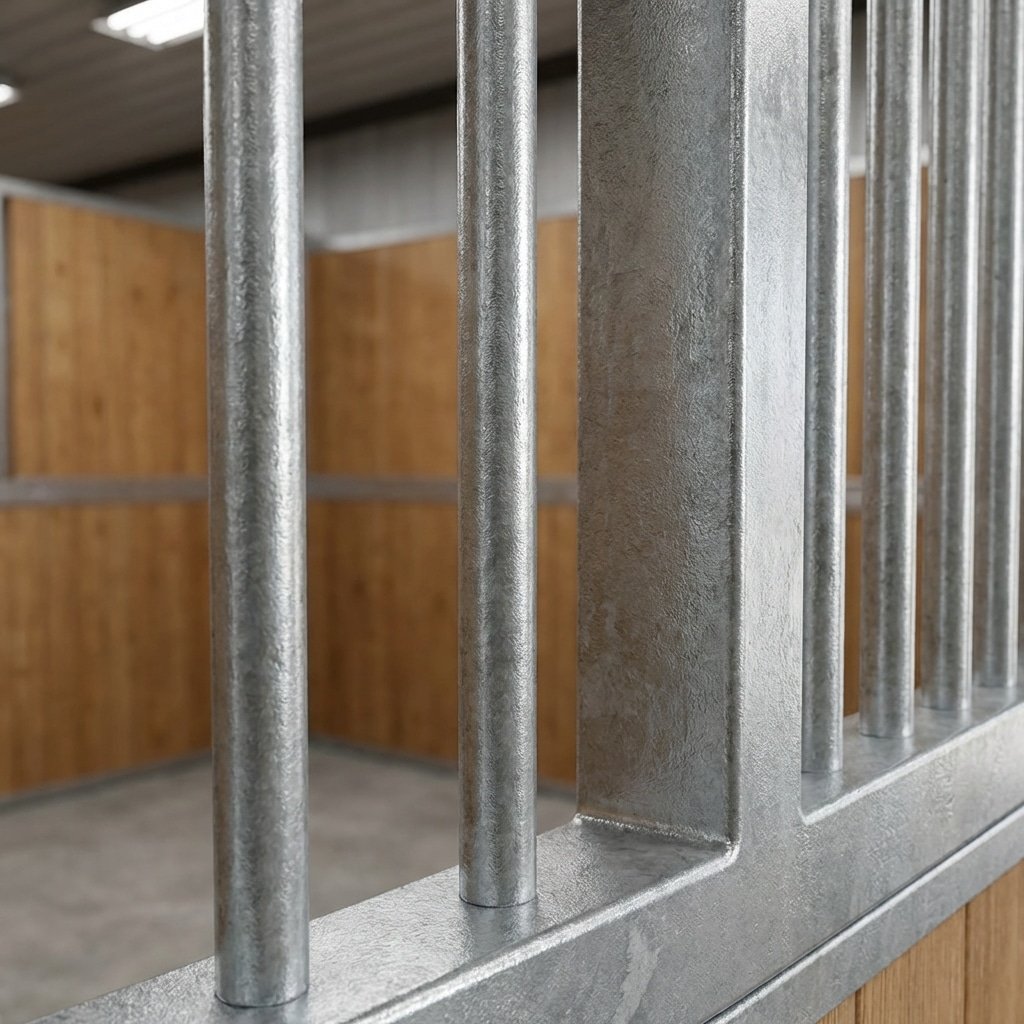 hyperrealistic product photography close-up of horse stall bars and grill spacing, focus on safety engineering, 3-inch bar spacing detail, galvanized steel texture, smooth edges to prevent entrapment, soft depth of field, industrial lighting highlighting the metal quality, part of a horse stable structure, no horses visible just the product detail, clean background, 8k resolution, no text, no signage, no letters, no words --ar 16:9 --style raw --v 6.0