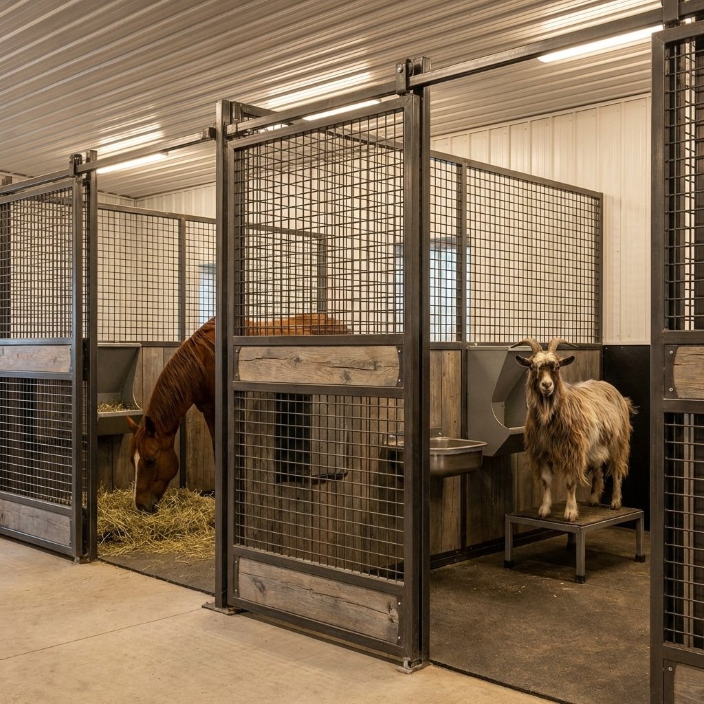 Hyperrealistic product photography of mixed-species barn interior, horse stalls divided by modular partitions, a horse and a goat visible in separate sections, heavy-duty steel mesh safety, professional stable lighting, no text, no letters --ar 16:9 --no text