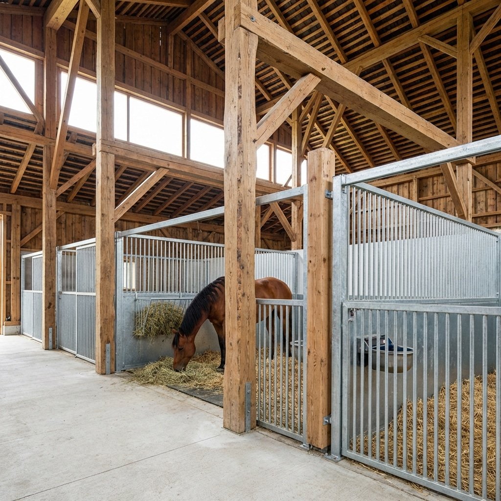 A horse is eating hay inside a well-lit stable with wooden beams and galvanized steel stall panels, showcasing high-quality horse stable equipment.