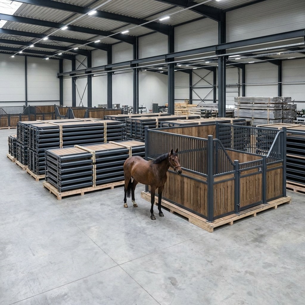 hyperrealistic product photography inside a large manufacturing facility, rows of modular horse stalls ready for assembly, steel frames stacked neatly, industrial lighting, a horse standing near the finished products for scale, clean organized factory floor, no text, no letters, no signage, no english characters in scene --ar 16:9 --v 6.0