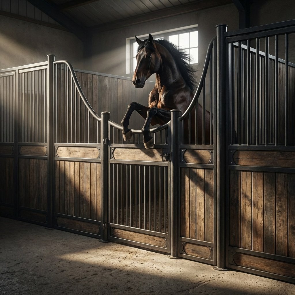 Elegant Horse in Stable Stall with Metal Gate A majestic brown horse rears up on its hind legs inside a well-lit stable stall, showcasing sturdy metal and wooden panels. The scene highlights high-quality horse stable equipment, including galvanized steel gates and durable construction.