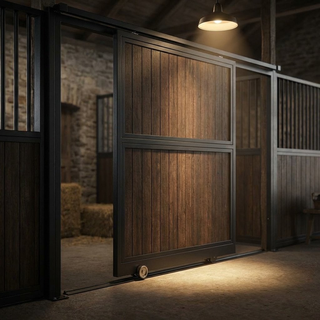 A modern horse stable featuring a sliding wooden door with metal frame, set within a rustic interior with stone walls and hay bales, illuminated by a hanging light fixture.