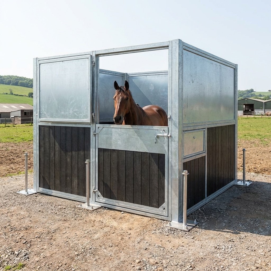 Brown horse looking out over the closed lower half of a Dutch door on a modular stall with a galvanized steel upper frame and dark wood lower panels, standing on gravel with green hills behind