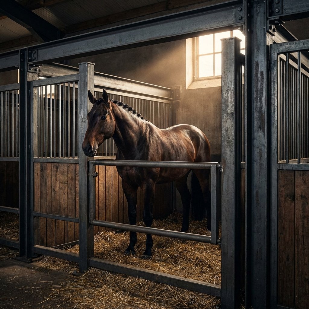 A brown horse stands in a well-lit stable stall with galvanized steel and wooden panels, surrounded by hay on the floor.