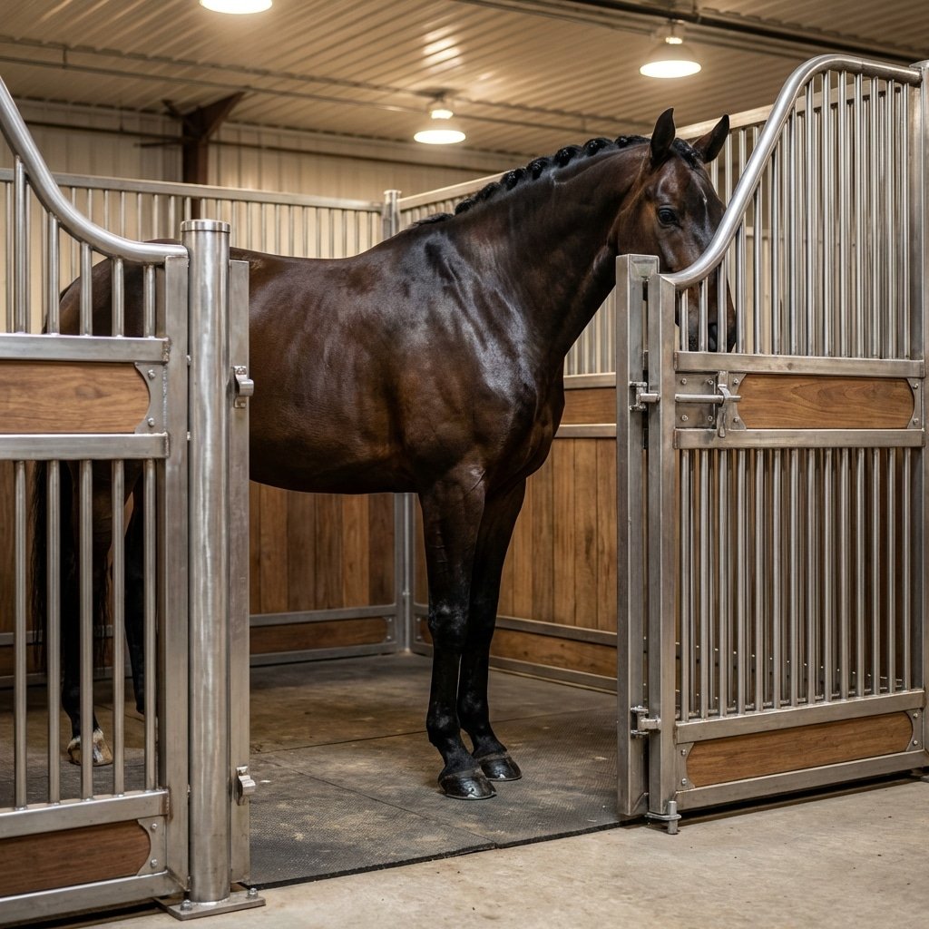 hyperrealistic product photography of a large Hannoverian horse filling a spacious horse stall, heavy-duty Q345B steel partitions, 12x12 footprint visible, muscular equine anatomy, premium equestrian facility lighting, sharp focus on steel texture and horse coat, 16:9 aspect ratio, no text, no signage, no letters --ar 16:9 --style raw --v 6.0