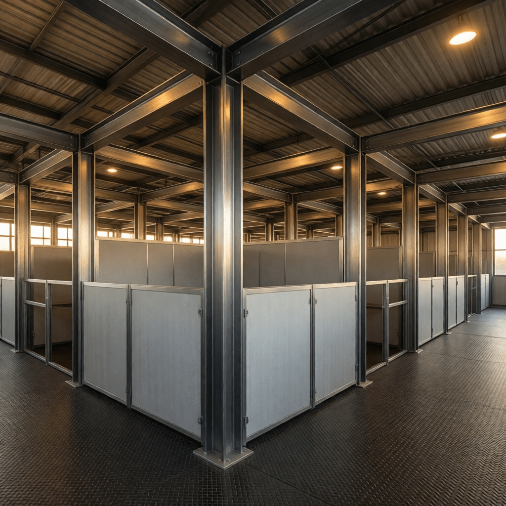 A spacious, well-lit stable interior featuring rows of modern horse stalls with galvanized steel frames and powder-coated panels, set on a textured floor under a metal beam ceiling.