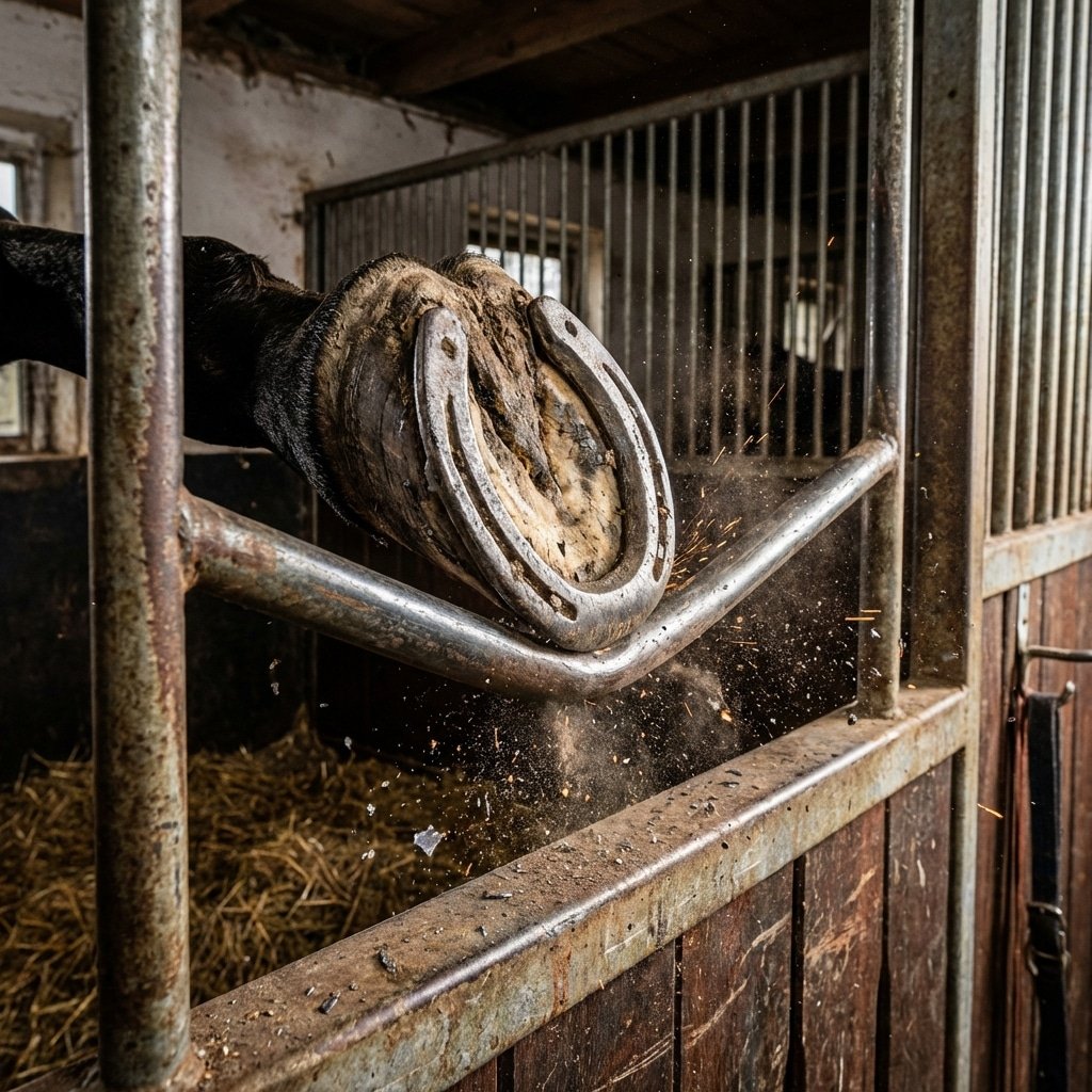 hyperrealistic product photography close-up action shot of a horse hoof impacting a thick round steel bar on a horse stall grill, showing the deflection of energy, stable interior background, high contrast, detailed metal texture, 16:9 aspect ratio, no text --ar 16:9 --style raw --v 6.0