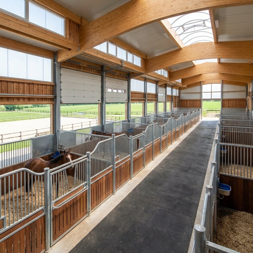 广角镜头,现代化马厩设施,符合欧盟福利标准,整齐排列的钢制马厩,自然光,专业马术中心,16:9 画幅,无文字