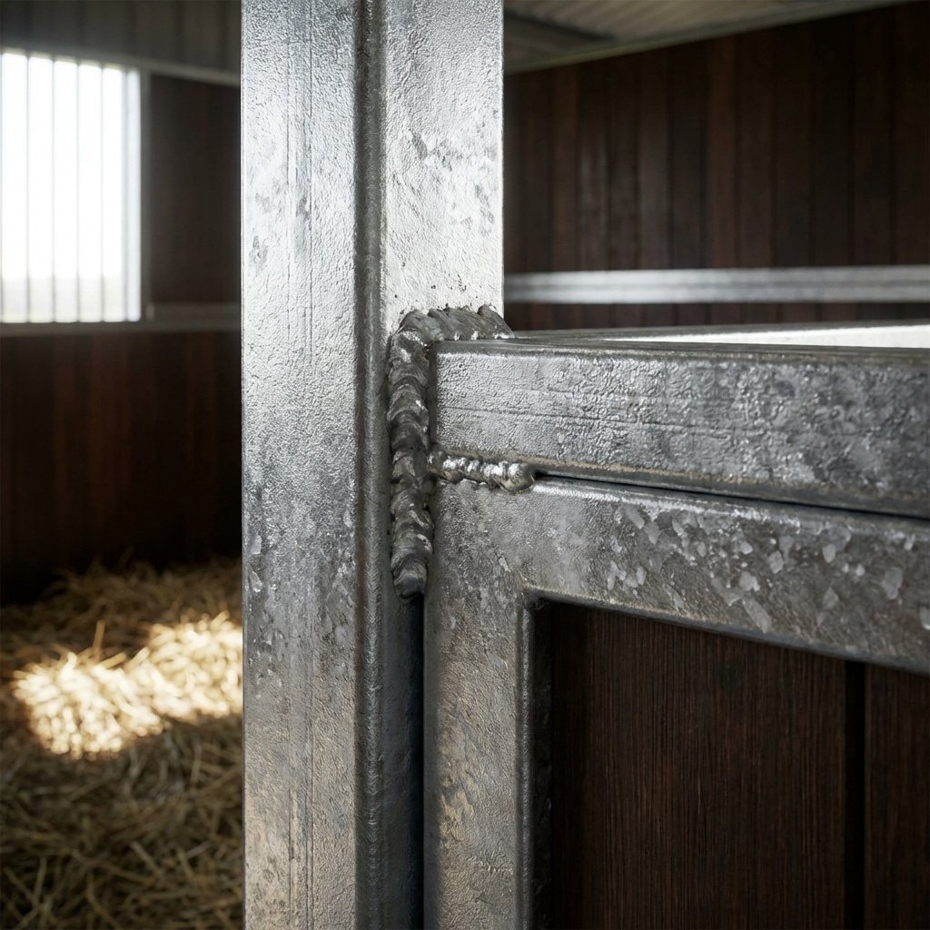 Galvanized Steel Stable Stall Frame Close-up of a galvanized steel stall frame with visible welds, set within a stable environment featuring wooden walls and hay on the floor.