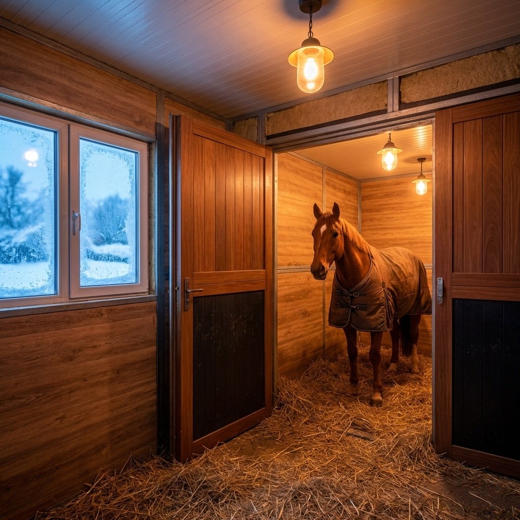 Blanketed horse in a warm-lit stable stall during a snowy Canadian winter
