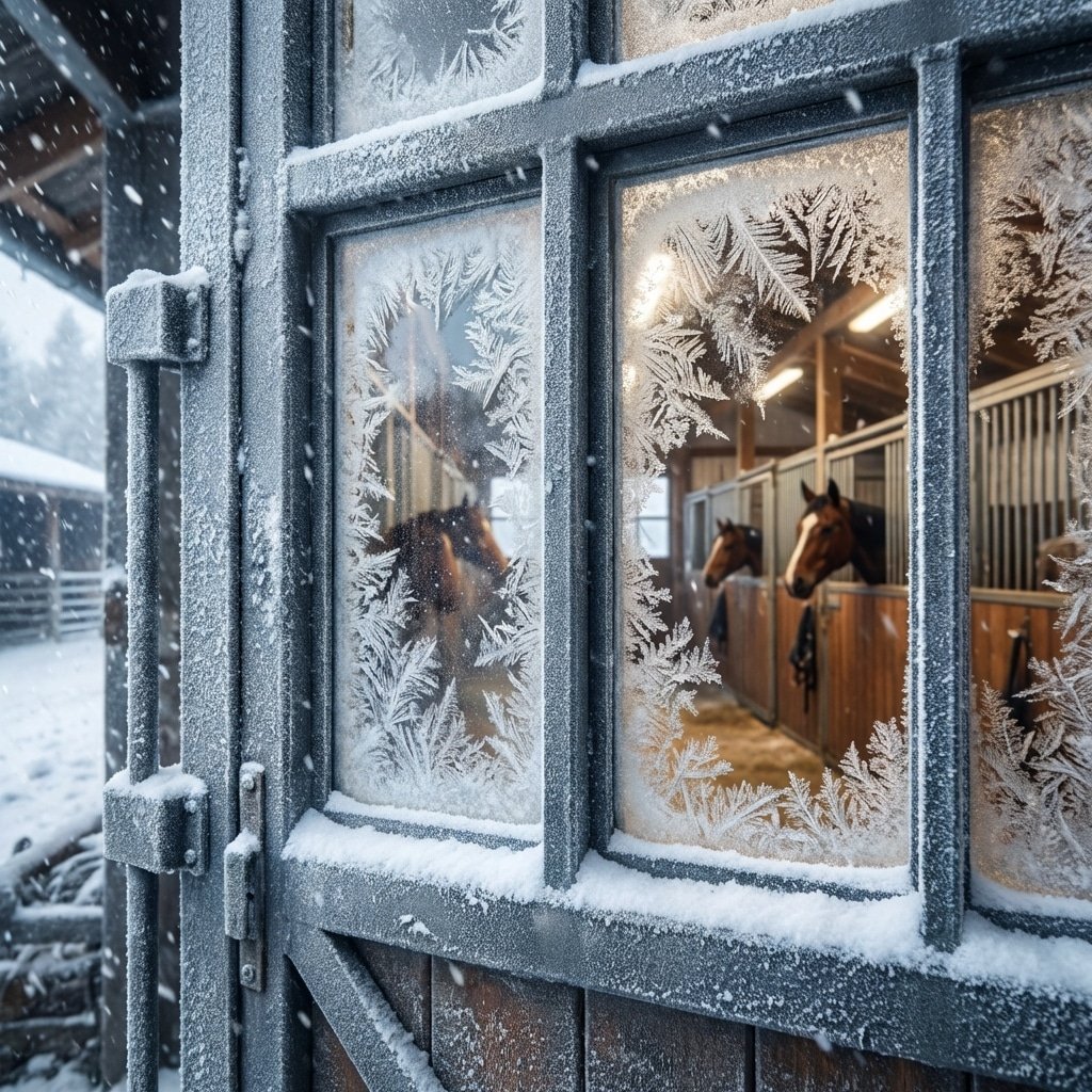 A frost-covered stable window reveals horses inside, showcasing the cold winter environment and the sturdy design of the stable panels.