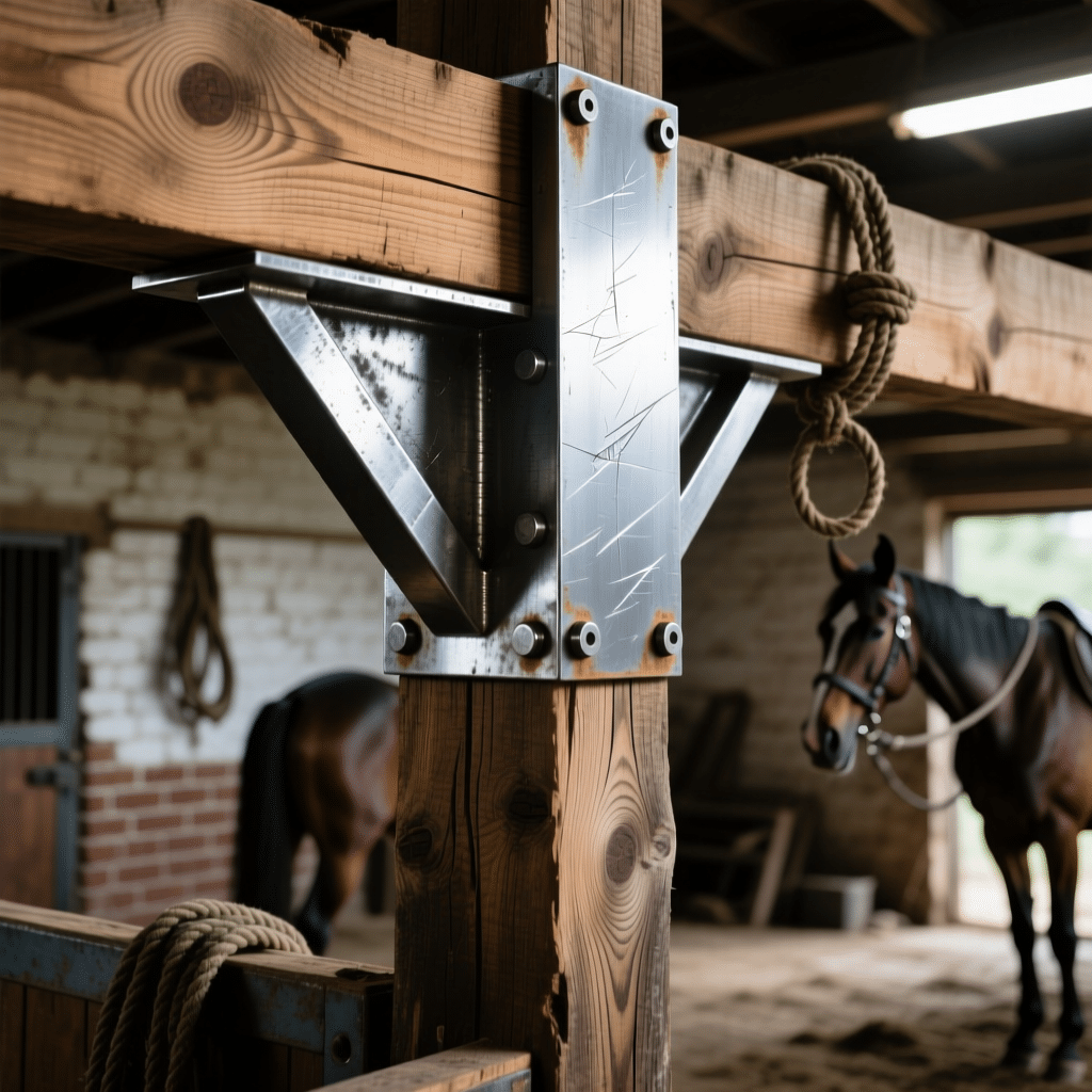 A close-up view of a wooden beam supported by a galvanized steel bracket in a horse stable, with a horse visible in the background and ropes hanging nearby.