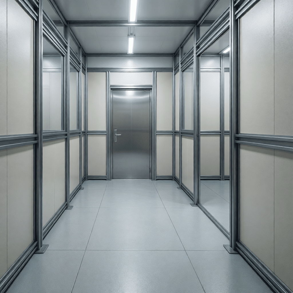 hyperrealistic product photography of a high-security quarantine horse stall interior, impermeable HDPE wall infills, galvanized steel frames, sterile environment, soft clinical lighting, no text, no signage, --ar 16:9 --style raw --v 6.0