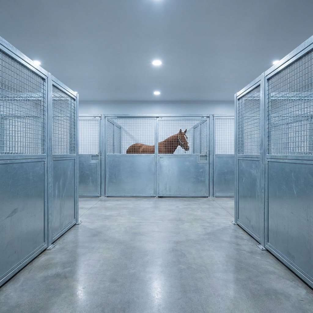 hyperrealistic product photography of an international equine border quarantine isolation ward interior, heavy duty horse stalls made of hot-dip galvanized steel, non-porous surfaces, a horse standing calmly in a secure stall, clinical lighting, high security biosecurity zone, no signage, no text, --ar 16:9 --style raw --v 6.0