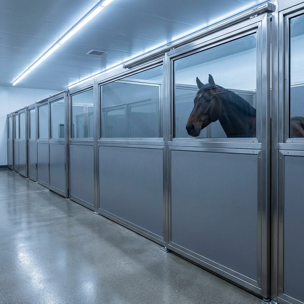 A row of modern horse stalls with glass windows, featuring a brown horse peeking out from one of the stalls in a clean, well-lit stable environment.