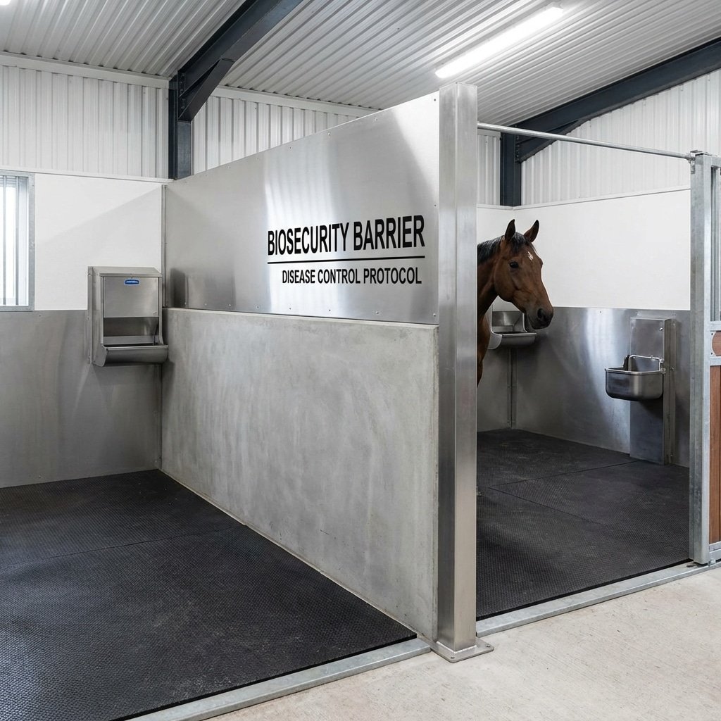 A modern horse stable featuring a stainless steel biosecurity barrier with 'BIOSECURITY BARRIER DISEASE CONTROL PROTOCOL' text, housing a brown horse behind it.